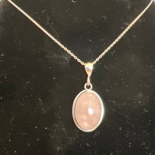 Oval Rose Quartz sterling silver pendant on 18" sterling silver chain