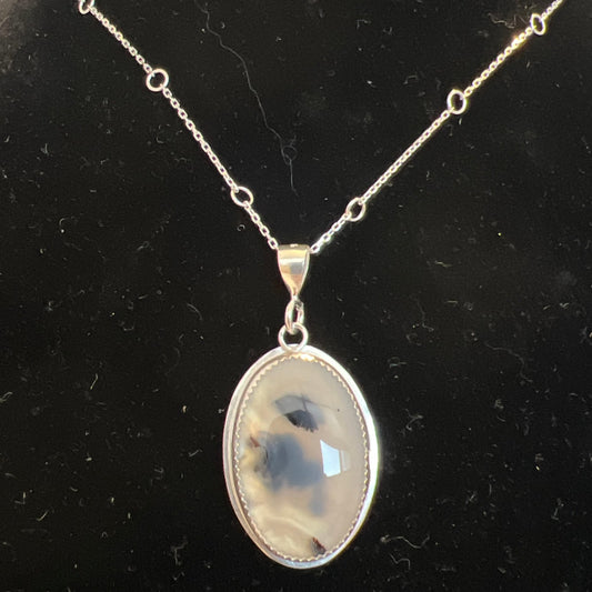 beautiful oval montana agate sterling silver pendant on 24" adjustable sterling silver chain