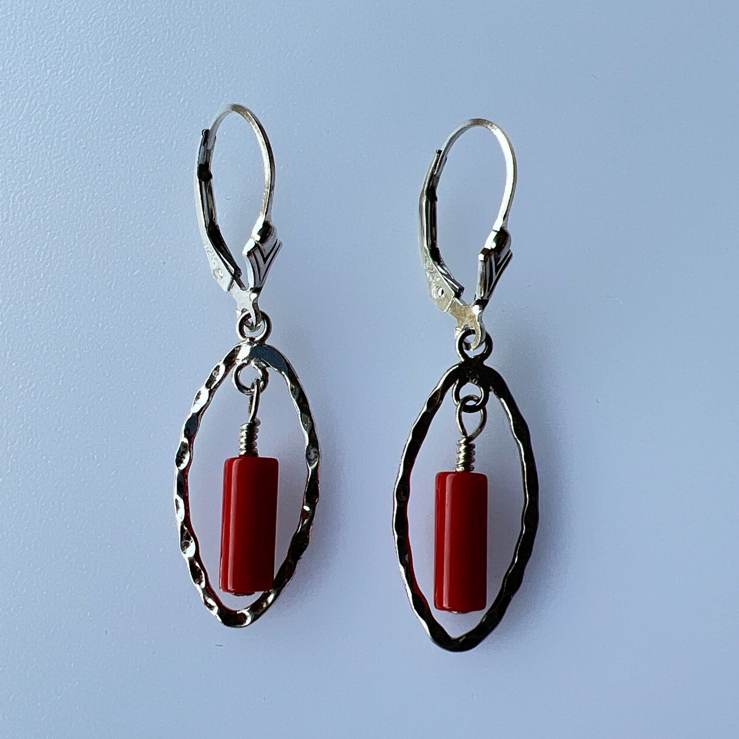 Rain drop sterling silver wire wrapped with Italian Coral dangle earrings