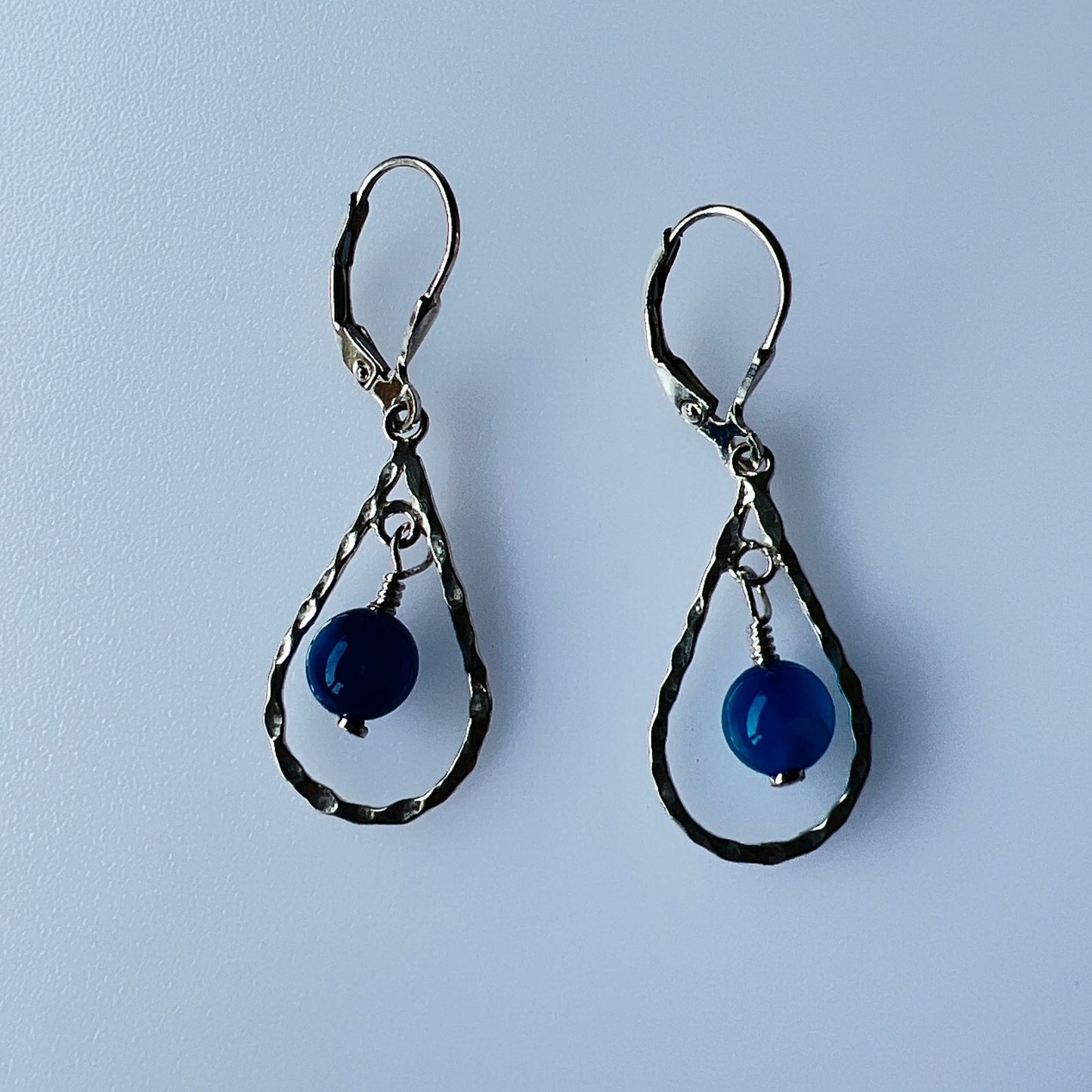Sterling silver pear shape with natural blue agate dangle earrings