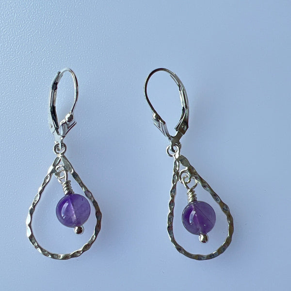 Sterling silver pear shape with natural amethyst dangle earring
