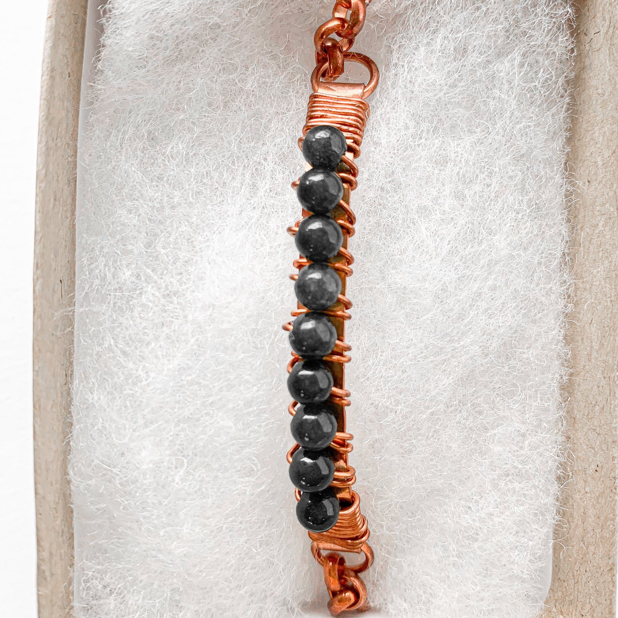 9 - 3mm canadian jade on copper wires and copper rolo chain with copper magnetic clasp
