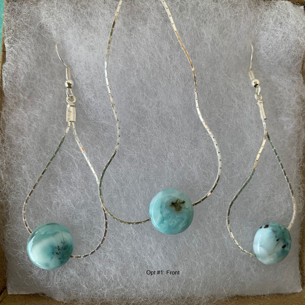Larimar circle disc pendant and earrings on sterling silver chain