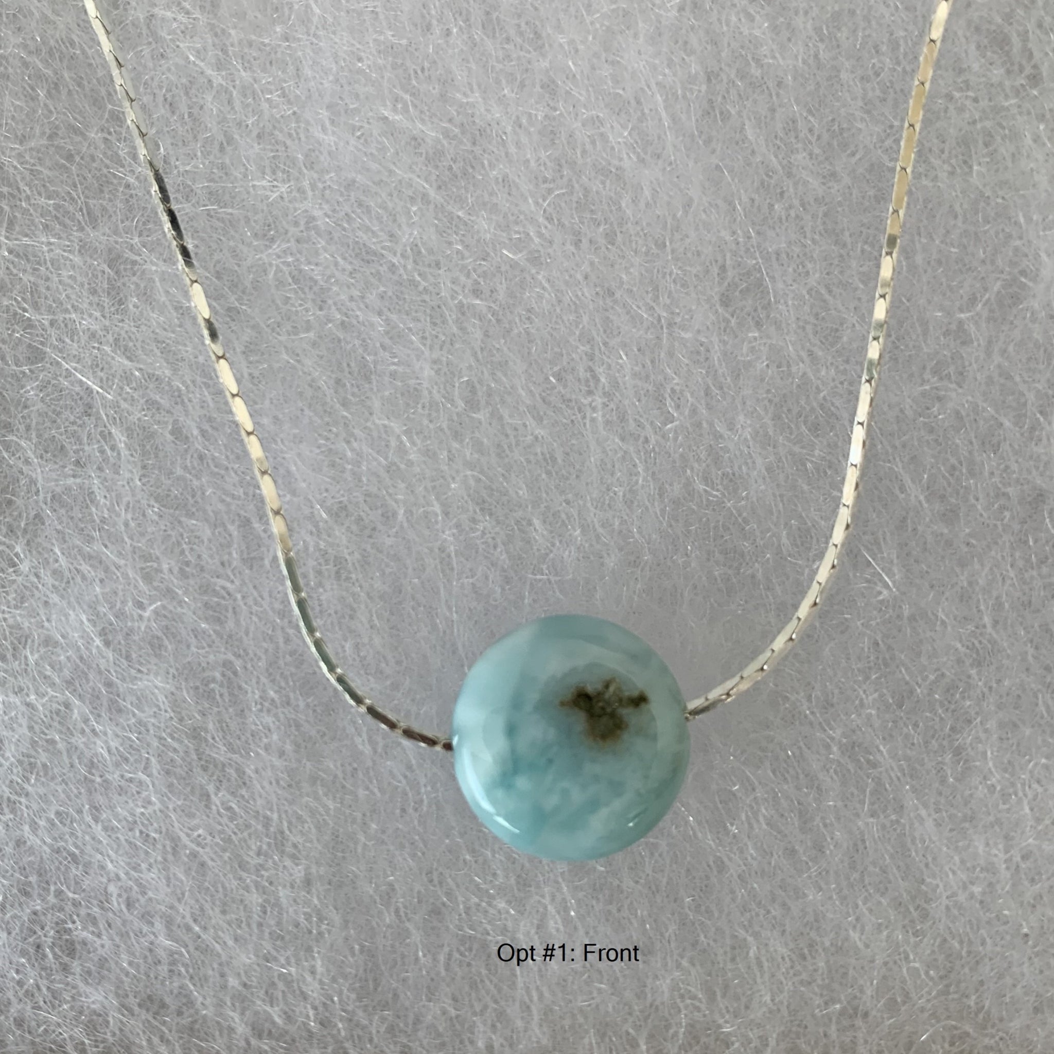 single 12mm Larimar disc on sterling silver chain