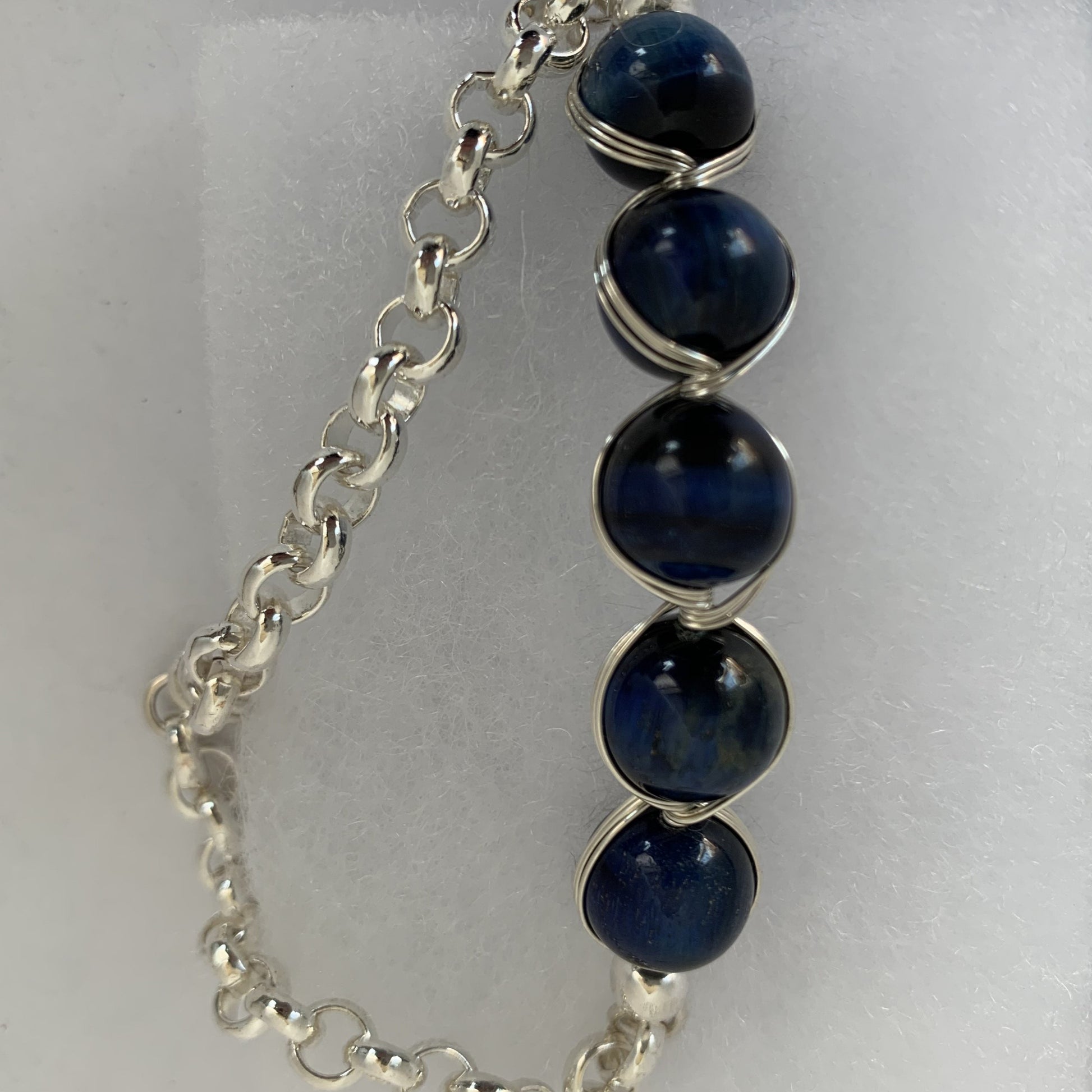 10mm blue tiger eye beads with Egyptian style sterling silver wire wrapped with silver plated on stainless steel tool chain and magnetic clasp
