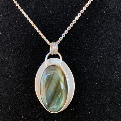 Blue Labradorite Oval Pendant on sterling silver chain