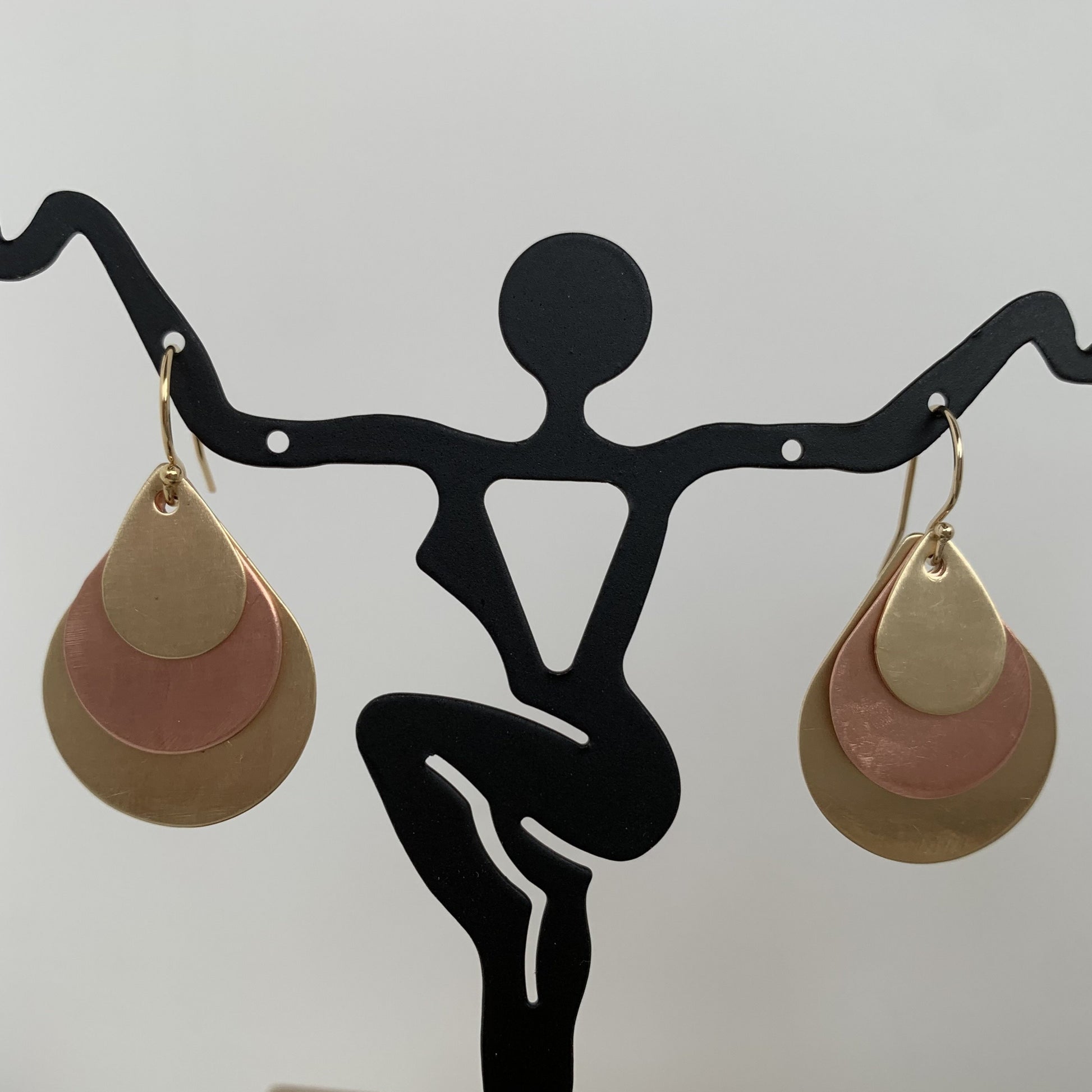 three layers teardrop with brass/copper/brass on gold filled ear wires