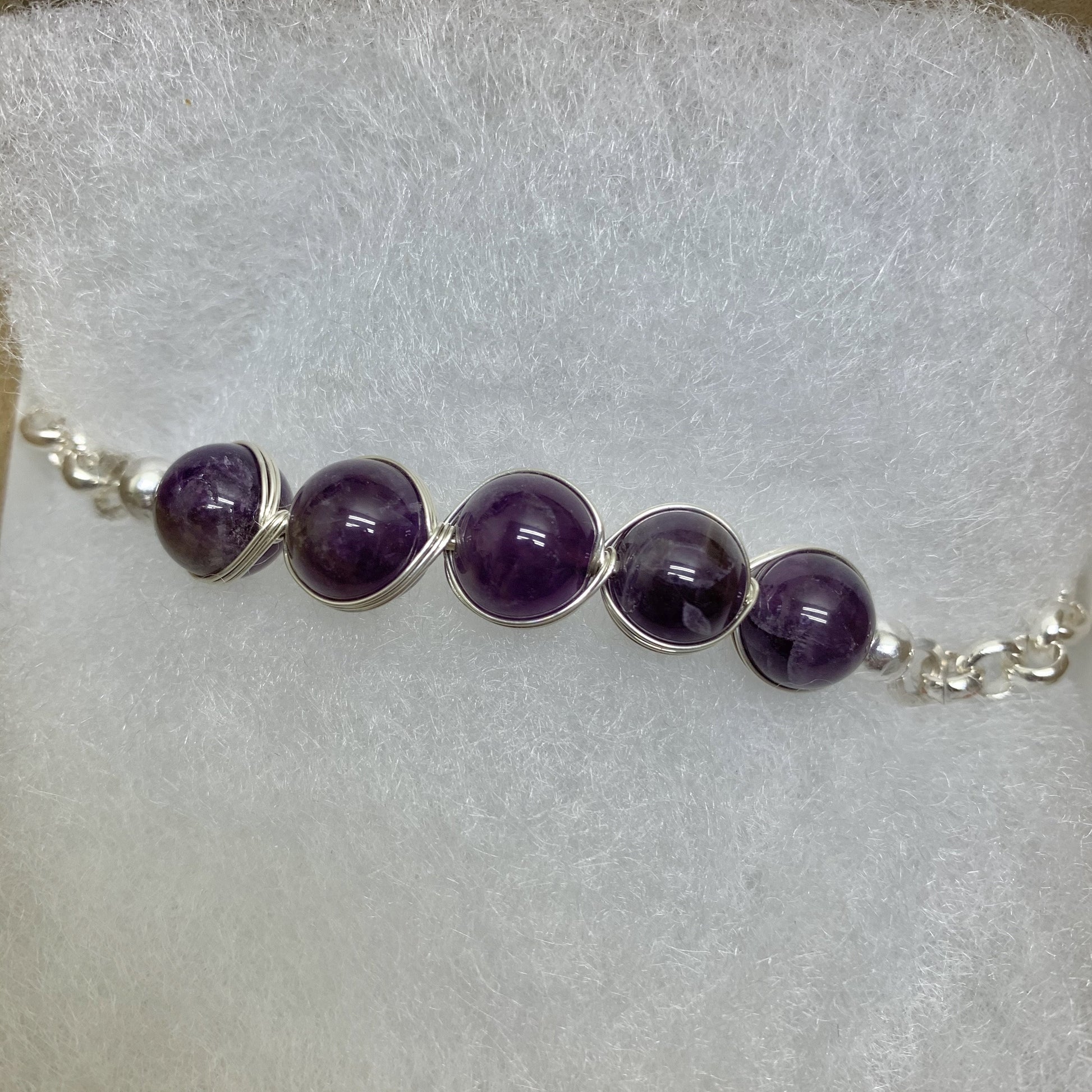 10mm amethyst beads with Egyptian style sterling silver wire wrapped with silver plated on stainless steel tool chain and magnetic clasp