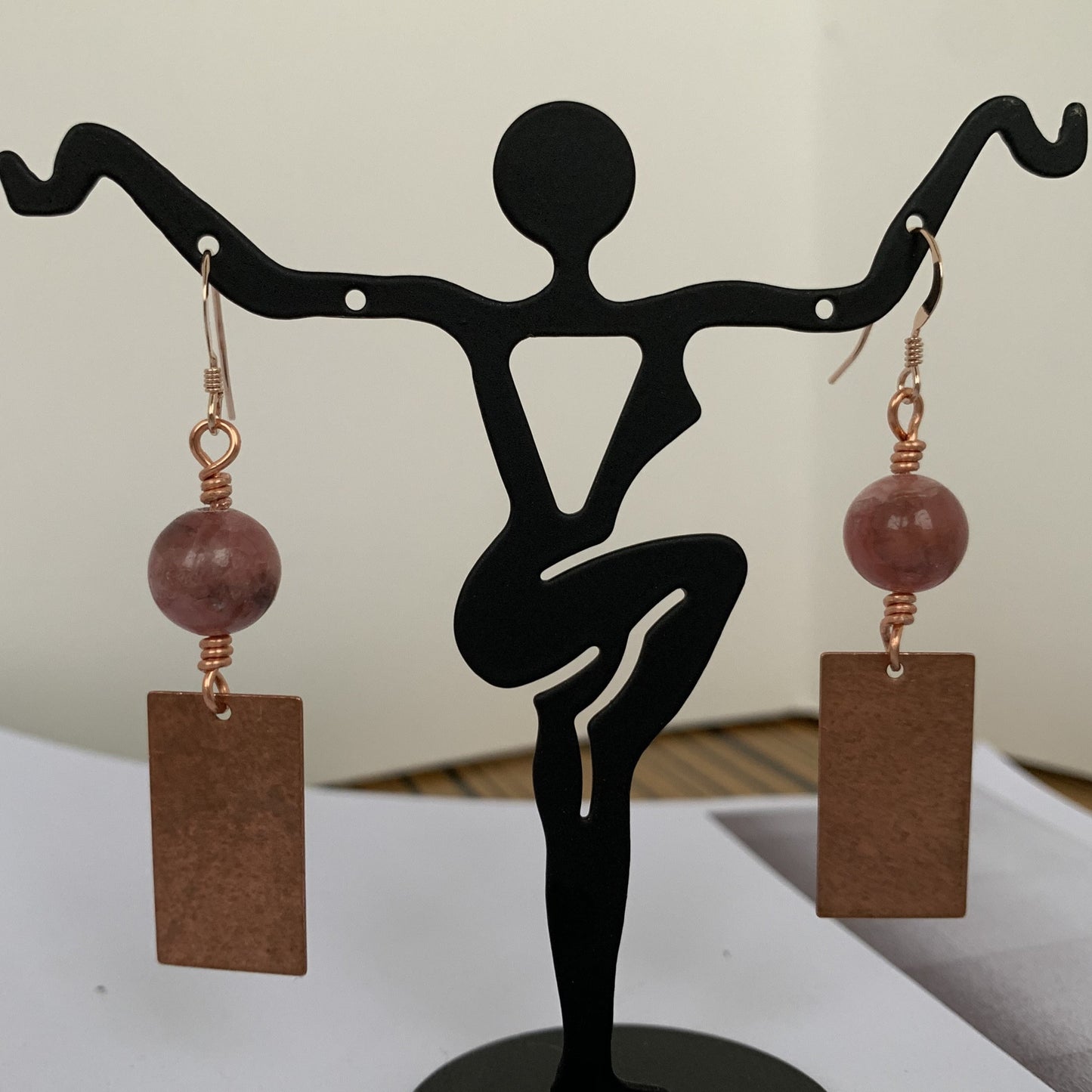 Rhodochrosite beads on patina copper rectangle with gold filled ear wire