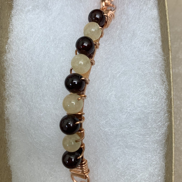9 - ~4mm cream agate & Red Garnet beads on copper bezel and copper chain with copper magnet