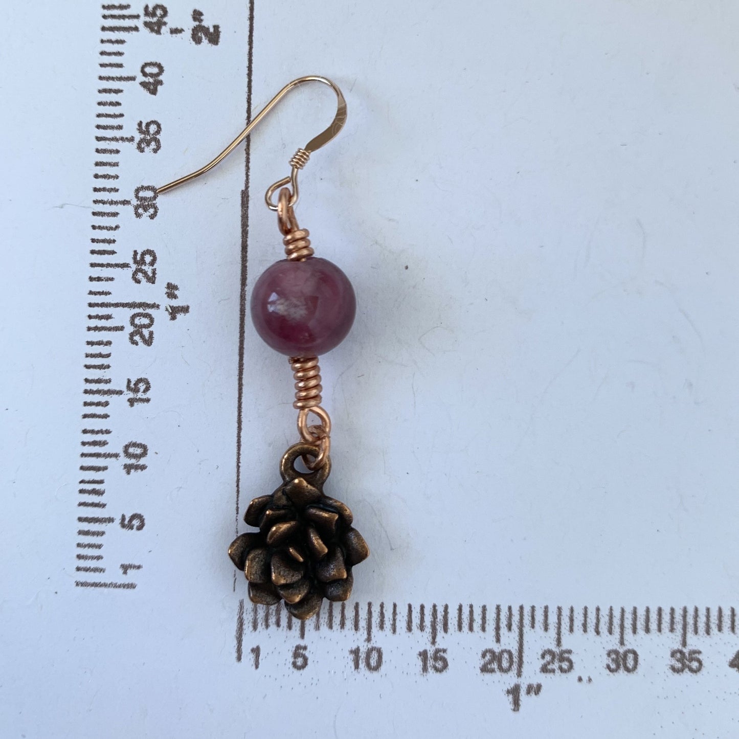 Pink Tourmaline/succulent dangle copper earrings
