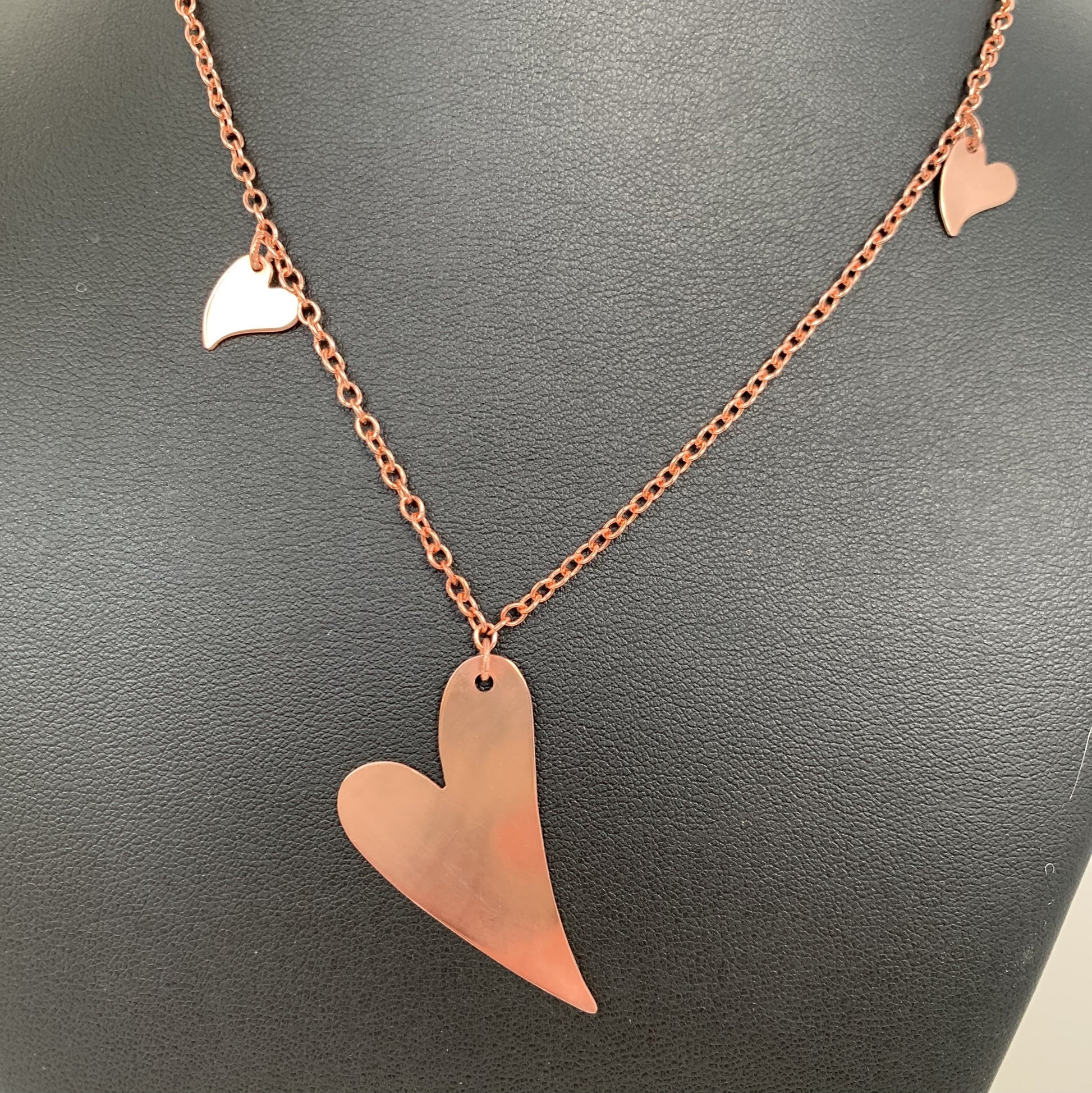 Copper hearts on copper chain with copper magnetic clasp