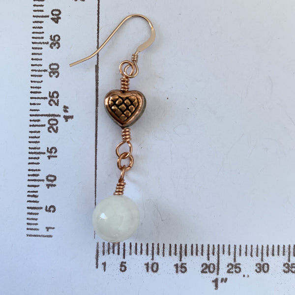 Moonstone with copper heart dangle earrings