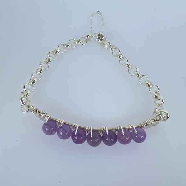 6mm Amethyst beads wire wrapped on silver plated with silver plate magnet bracelet