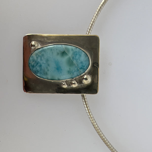 Oval Larimar on rectangle sterling silver on either 18" omega chain or regular chain