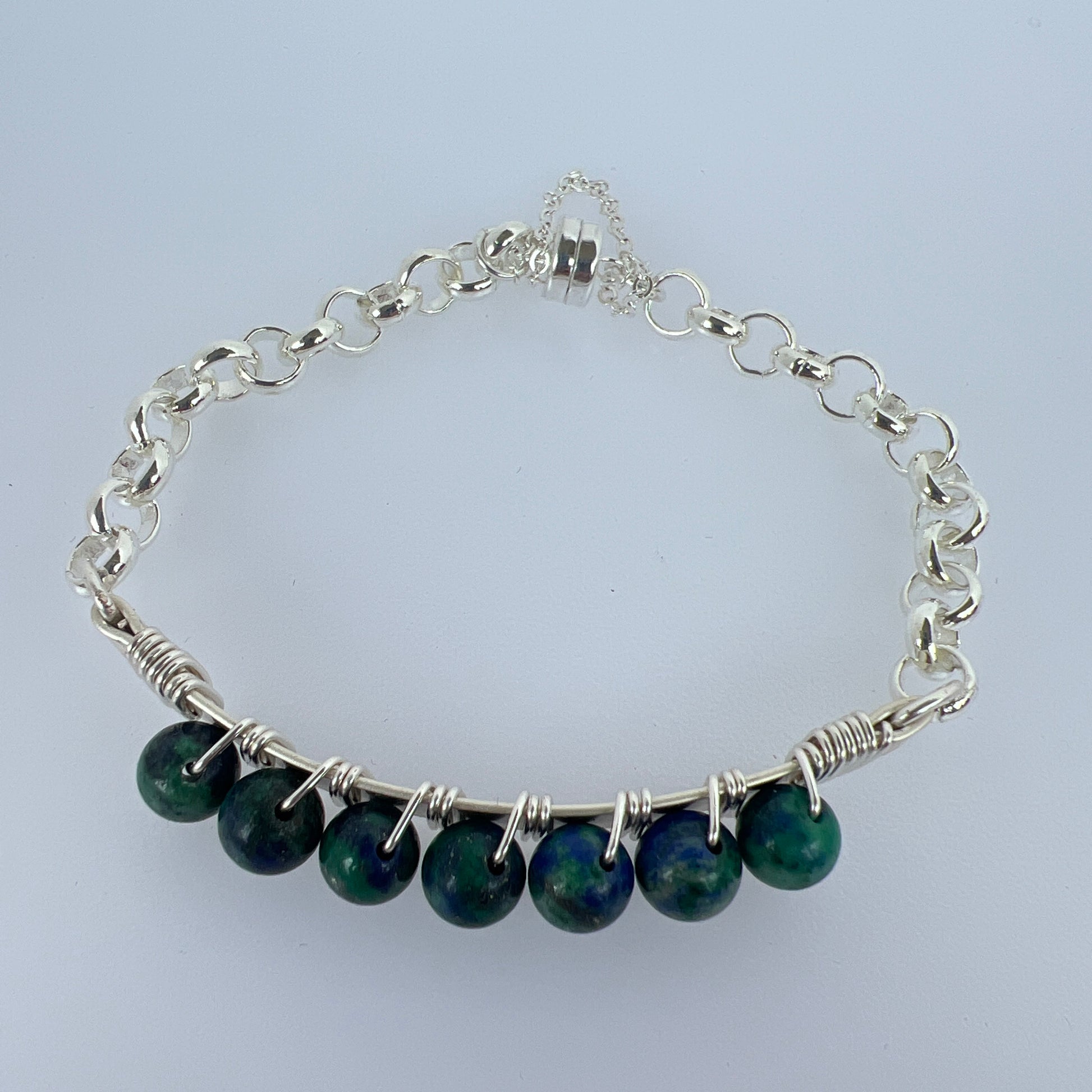 6mm chrysocolla beads wire wrapped on silver plated with silver plate magnet bracelet
