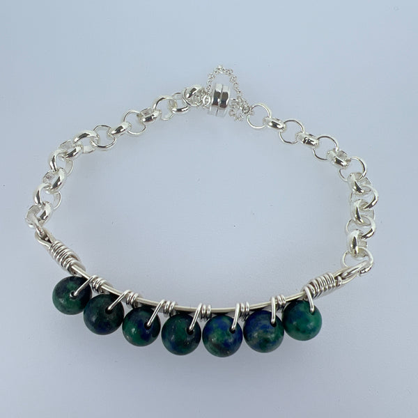 6mm chrysocolla beads wire wrapped on silver plated with silver plate magnet bracelet