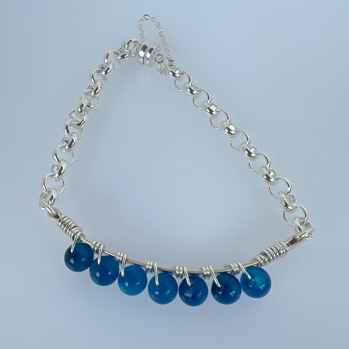 6mm blue agate beads wire wrapped on silver plated with silver plate magnet bracelet