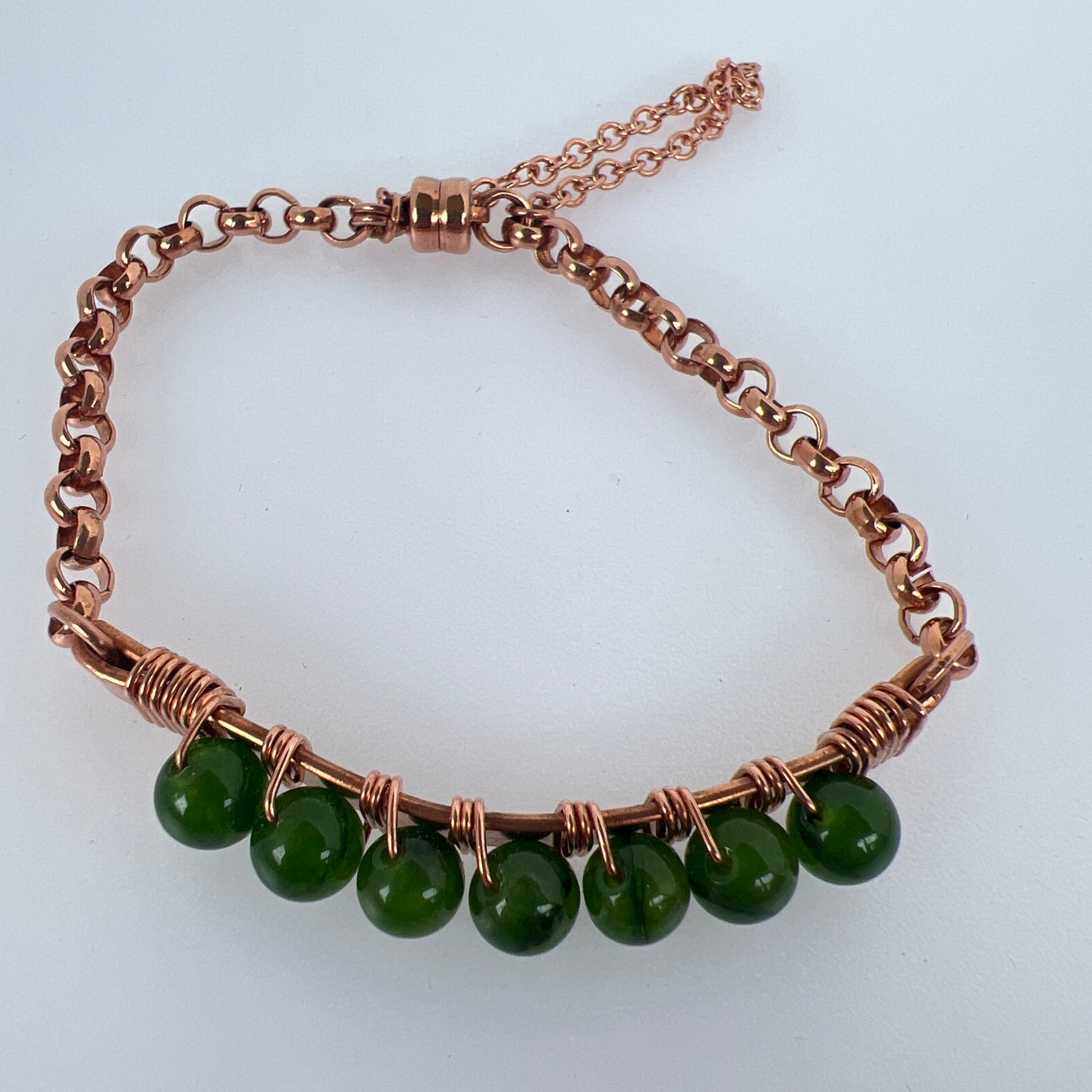 6mm Canadian Jade wire wrapped on copper plated and copper rolo chain finished up with copper magnet