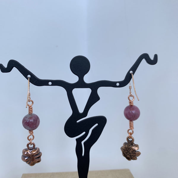 Pink Tourmaline/succulent dangle copper earrings