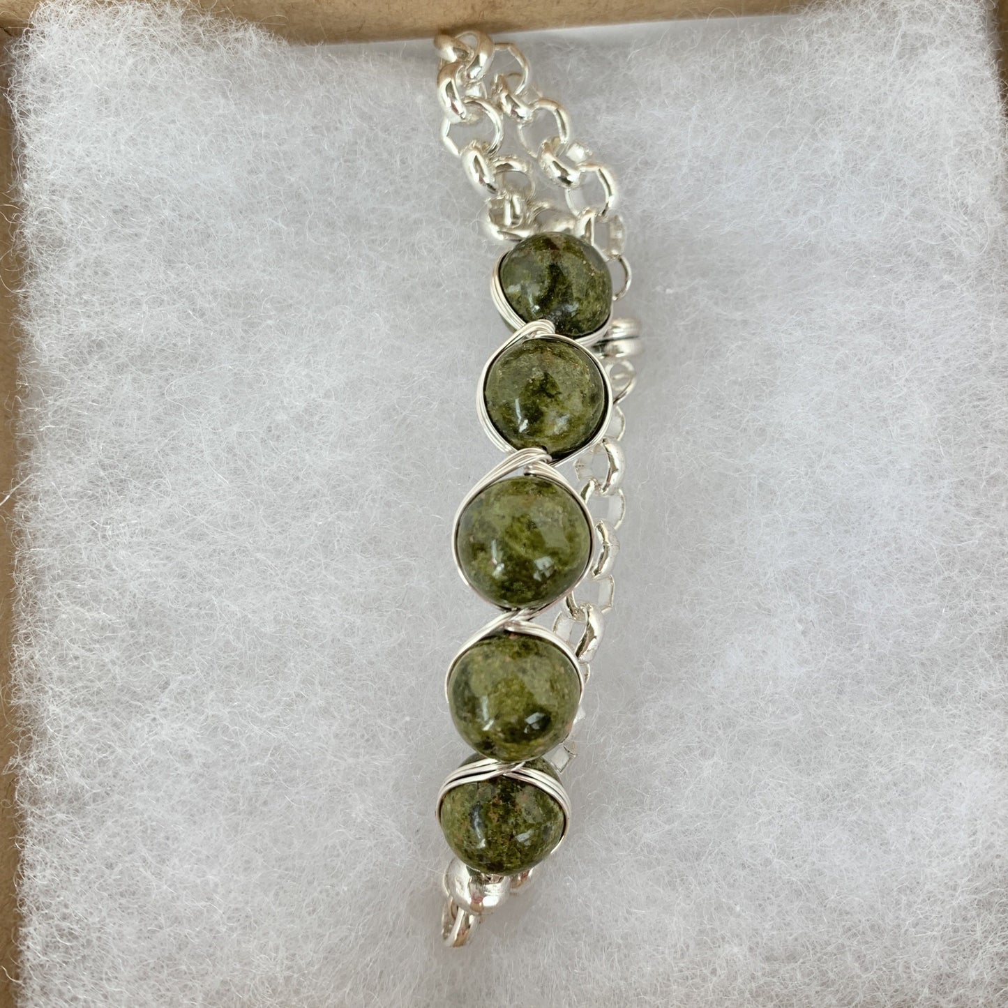10mm unakite beads with Egyptian style sterling silver wire wrapped with silver plated on stainless steel tool chain and magnetic clasp