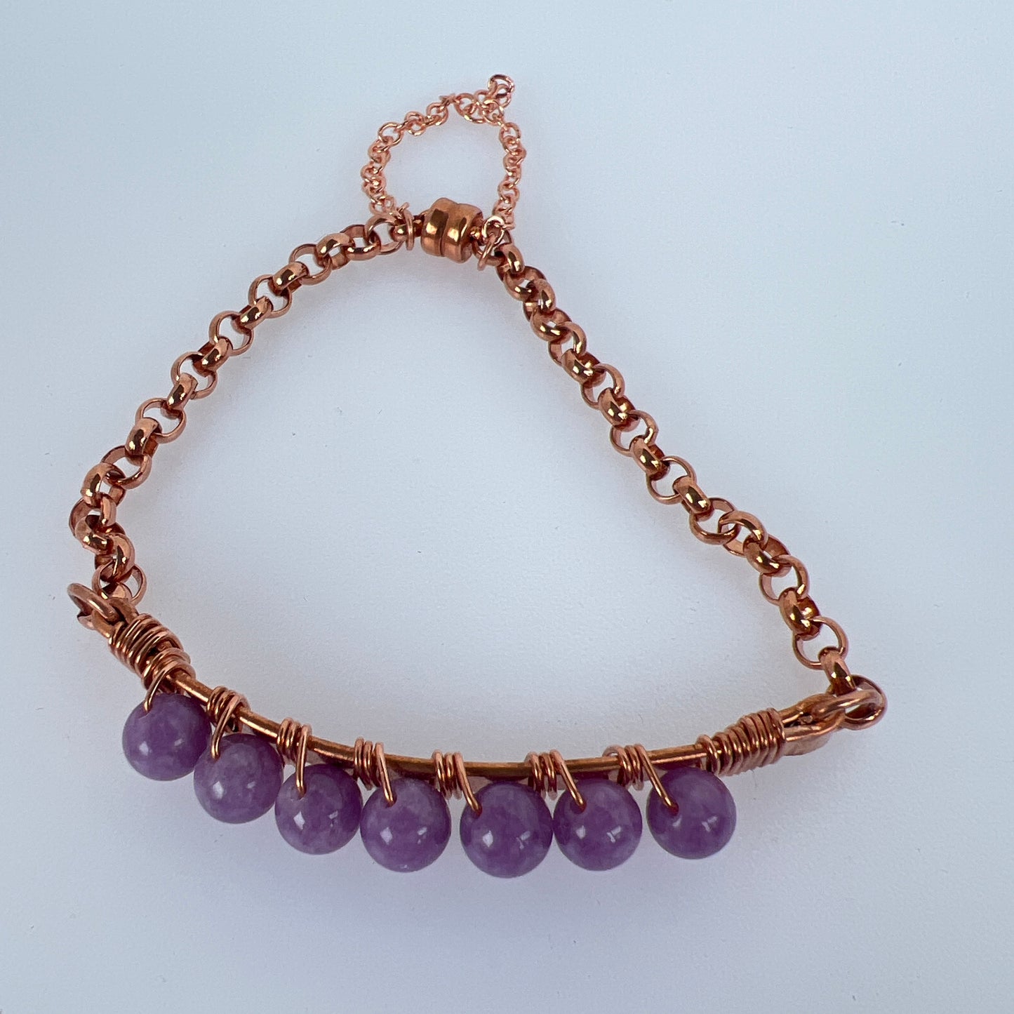 6mm Lepidolite wire wrapped on copper plated and copper rolo chain finished up with copper magnet