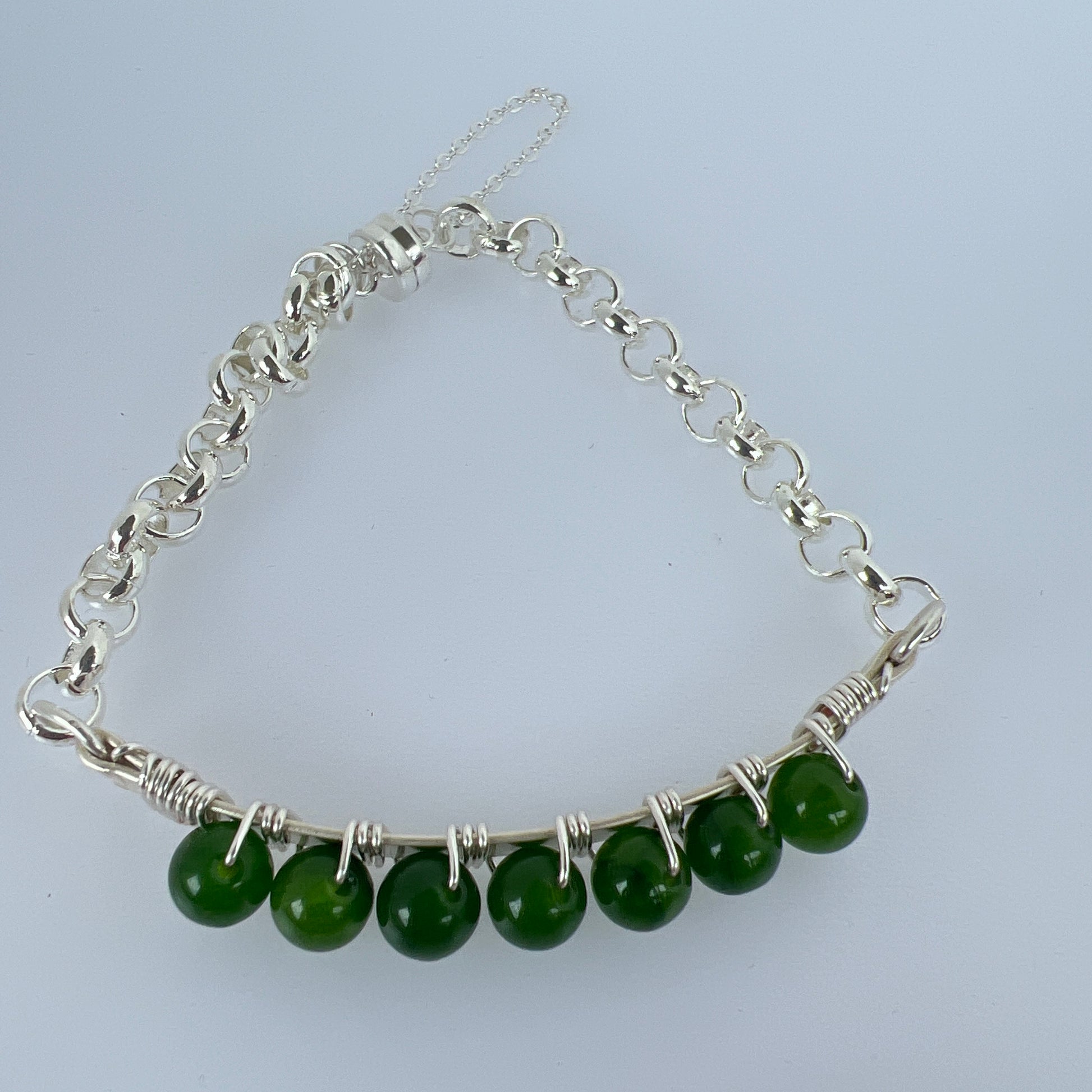 6mm Canadian Jade beads wire wrapped on silver plated with silver plate magnet bracelet