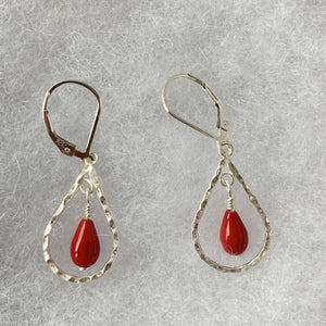 Red Coral wired wrapped on pear shape sterling silver dangle earrings