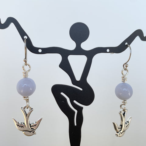 blue lace agate bead on antique silver swallow dangle on sterling silver ear wire