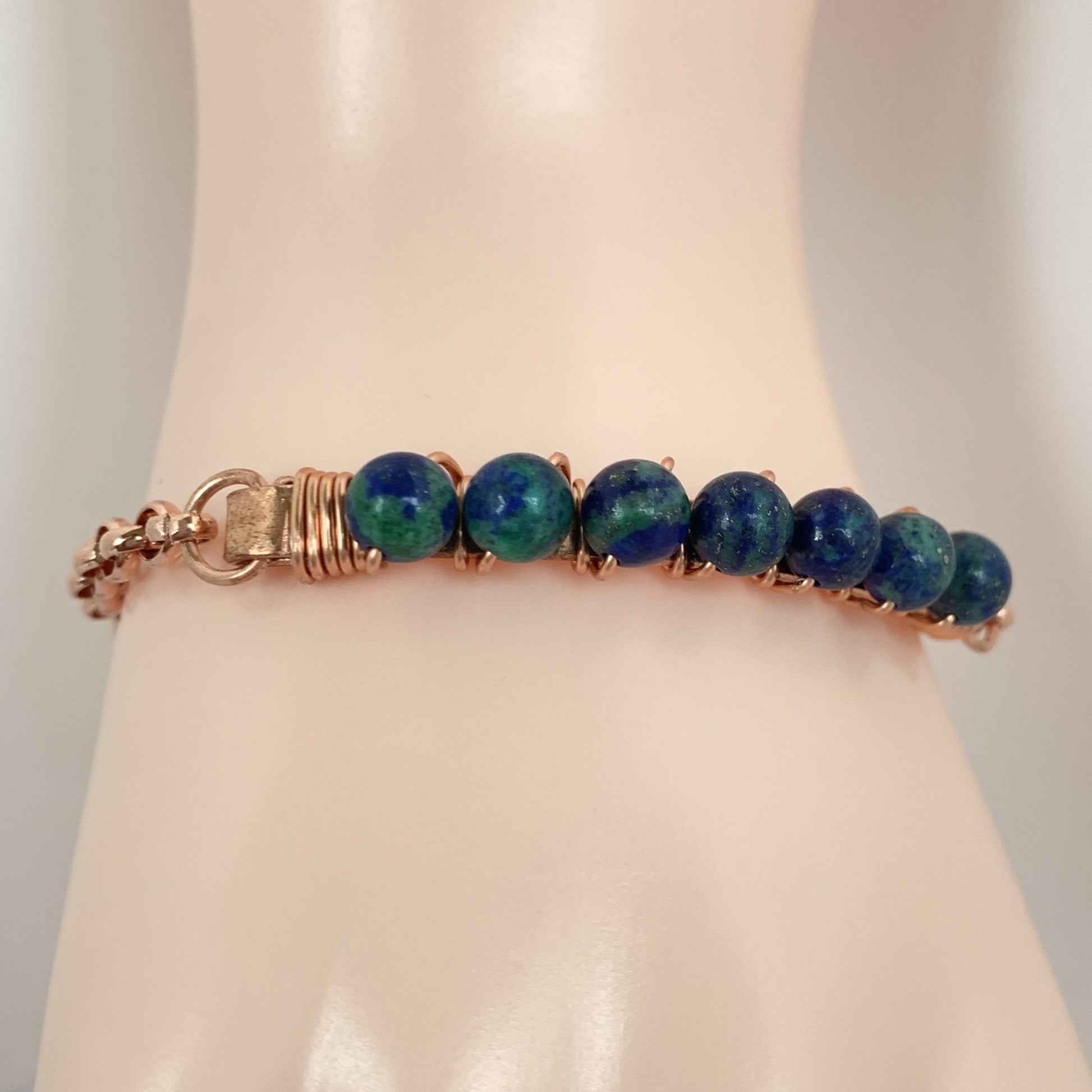 4mm Chrysocolla beads wire wrapped on copper with copper clasp