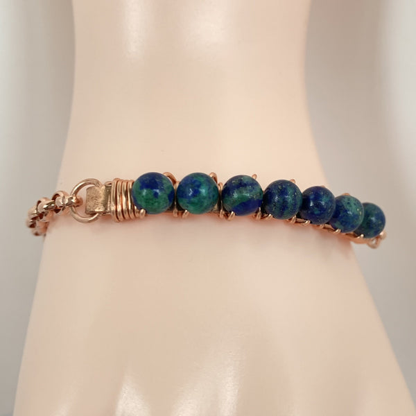 4mm Chrysocolla beads wire wrapped on copper with copper clasp
