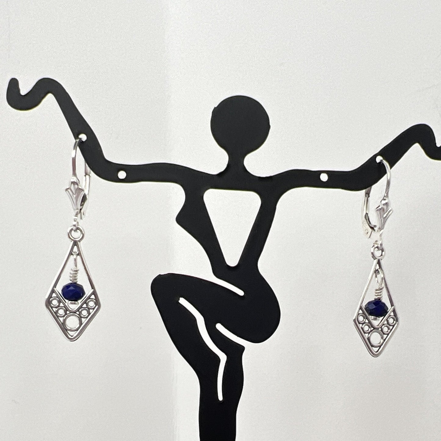 Natural rondelle Lapis hand wrapped inside sterling silver filigree sterling silver with sterling silver lever back earrings