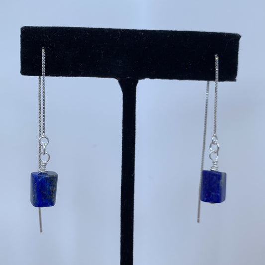 AAA blue lapis tube on sterling silver box chain ear wires