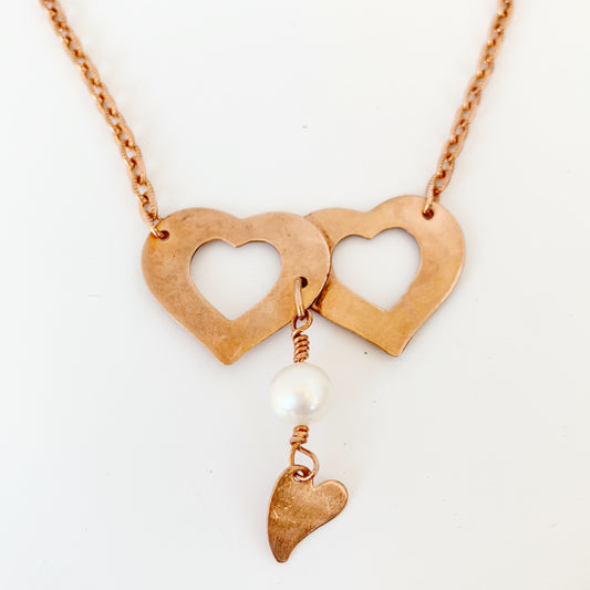 Fresh Water Pearl on Hearts copper necklace