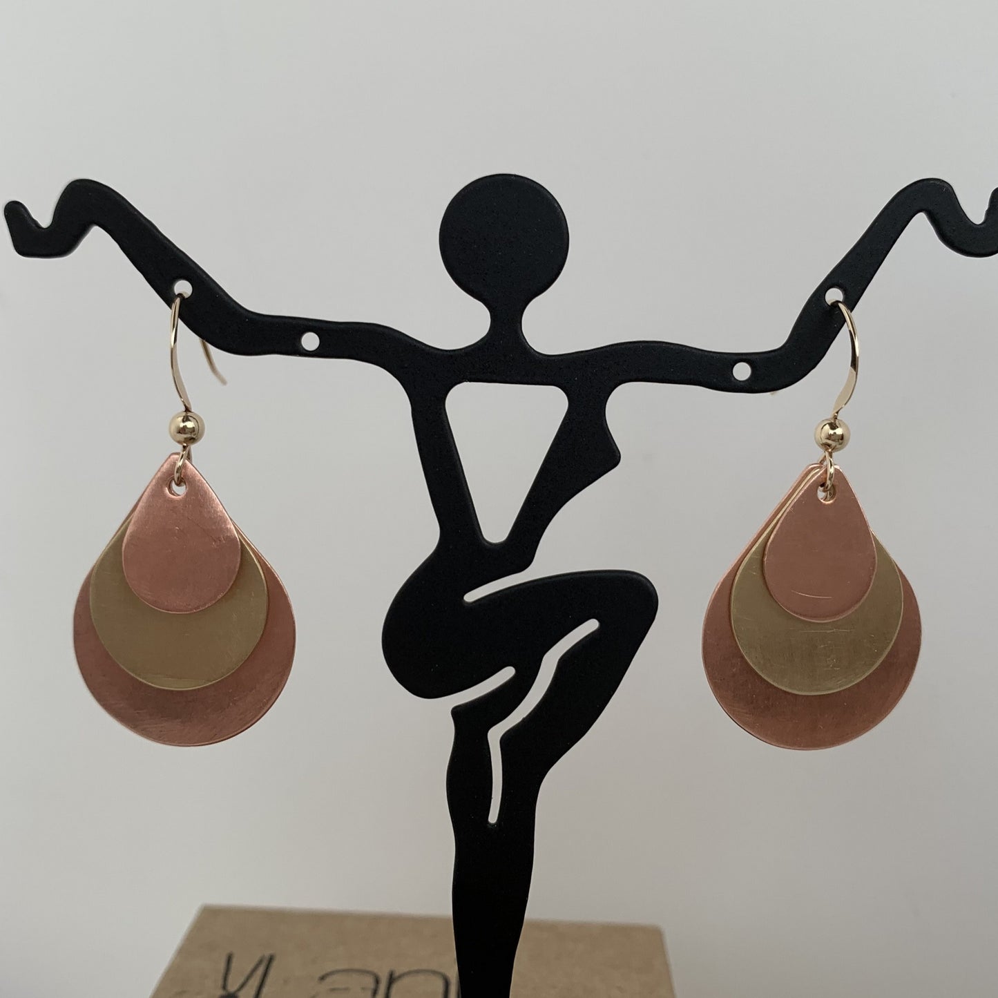 three layers teardrop with copper/brass/copper on gold filled ear wires